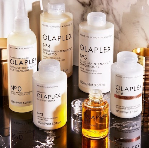 picture showing parts of the Olaplex hair care product line, No 0, 3, 4, 5, 6 and 7